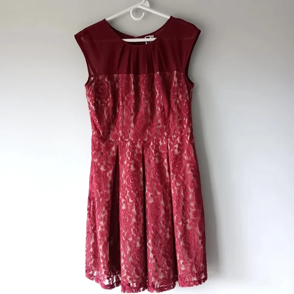 Julian Taylor Dresses | Julian Taylor Sleeveless Formal Dress Lace Pleated Sheer Cranberry Red Size 8 | Color: Red | Size: 8 | Kris4689's Closet